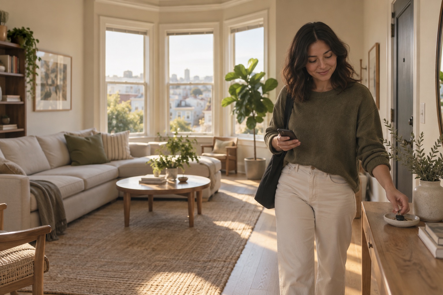 A resident arriving home to a calm, freshly reset San Francisco apartment
